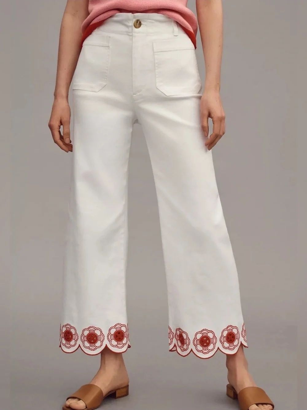 MAEVE Jeans Colette NEW Wide Leg Scalloped Embroidered Floral Hem White Red 24P